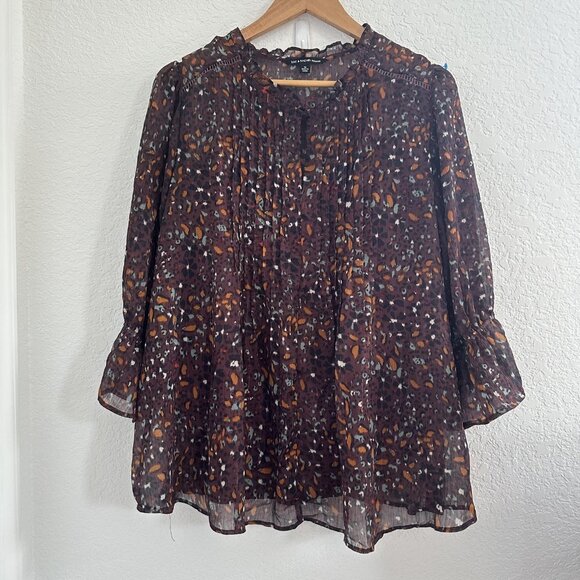 Zac & Rachel Pintuck Blouse Womens 1X Plum Abstract Sheer w/ Cami 3/4 Sleeve‎ - Picture 1 of 10